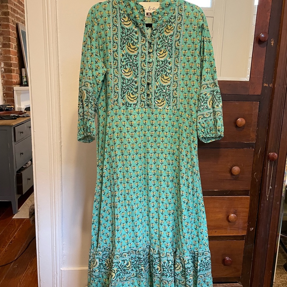 Teal Patterned Long Sleeve Dress